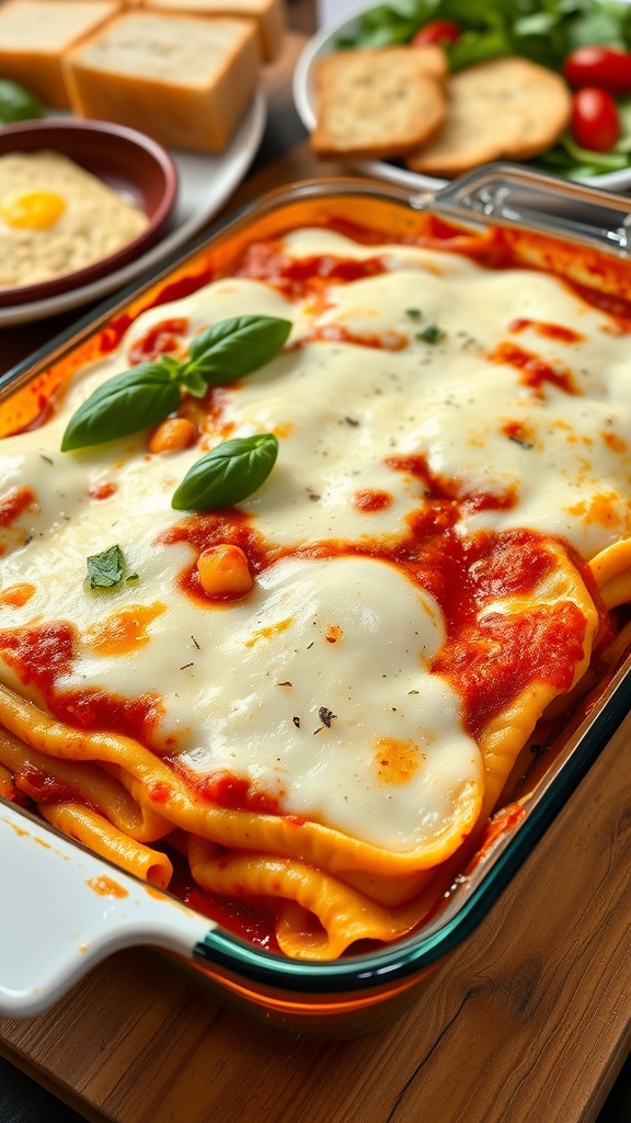 A delicious cottage cheese lasagna, with melted cheese and layers of pasta and sauce, garnished with basil on a rustic table.